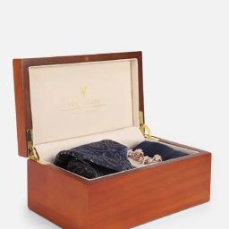 Van Heusen Navy Embroidered Tie with Pocket Square & Cufflinks-image-83