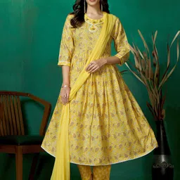 Sangria Pure Cotton Printed Anarkali Kurta Pant Dupatta Set-image-74