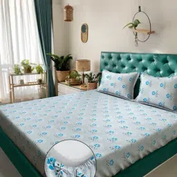 Klotthe Blue Cotton Printed 400 TC King Fitted Bedsheet with 2 Pillow Covers-picture-43