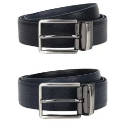 Louis Philippe Navy Blue Leather Textured Reversible Belt for Men-image-3