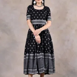 Rustorange Black Printed A-Line Dress-image-12