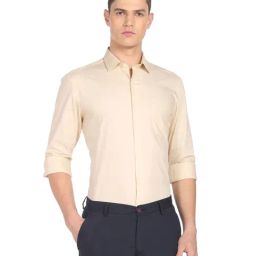 Arrow Pastel Yellow Cotton Slim Fit Printed Shirt-image-10