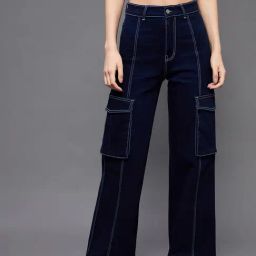 Miss Chase Dark Blue Denim Relaxed Fit High Rise Cargo Jeans-picture-48