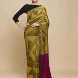 navyasa by liva Mustard Printed Saree With Unstitched Blouse-picture-6