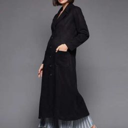 Miss Chase Black V Neck Full Sleeve Longline Button Down Polyester Jacket-8