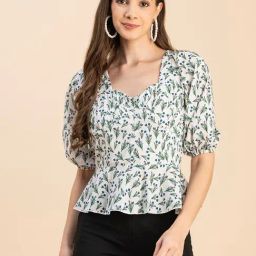 Moomaya White Cotton Floral Print Peplum Top-picture-15