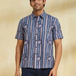 Fabindia Blue Cotton Straight Fit Printed Shirt-picture-10