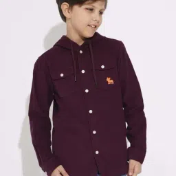 Jack & Jones Junior Boys Mauve Wine Cotton Solid Full Sleeves Hooded Shirt-image-7