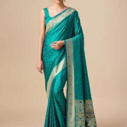 Monjolika Fashion Teal Woven Saree With Blouse-image-10