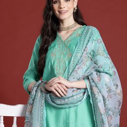 Anouk Tyohaar Collection Yoke Design Sequinned Kurta with Trousers & Dupatta-picture-12