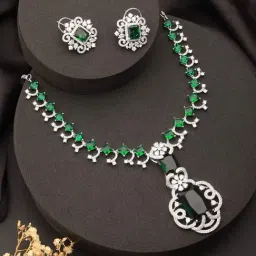 Saraf RS Jewellery Silver Plated Emarald Green CZ Studded Designer Luxe Jewellery Set-image-59