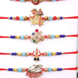 Aapno Rajasthan Set of 5 Om and Shiva Beaded Rakhi with Roli Chawal image 2