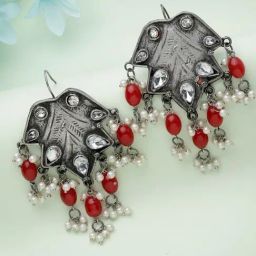 Moedbuille Stones and Pearls Tasselled Design Oxidised Silver Plated Handcrafted Earrings-image-2