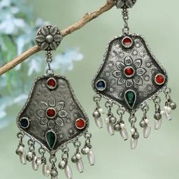 Moedbuille Pearls Meenakari Work Antique Tribal Design Oxidised Silver Plated Earrings-image-1