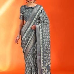 Saree Mall Grey Printed Sarees With Unstitched Blouse-image-74