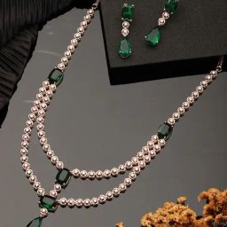 Saraf RS Jewellery Rose Gold Plated Emerald Green AD Studded 2 Layered Luxe Designer Jewellery Set-image-60