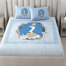 JaipurFabric Blue Cotton 180 TC Swan Printed Bedsheet with 2 Pillow Covers-image-5