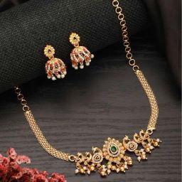 Saraf RS Jewellery Gold Plated Green Kempo Studded Peacock Minimal Delicate Choker Jewellery Set-picture-29