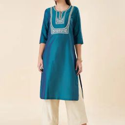 Rangmanch by Pantaloons Blue Rayon Embroidered 3/4th sleeve Kurti-picture-37