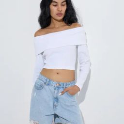 Nuon by Westside White Ribbed-Textured Cotton-Blend Off-Shoulder Top-picture-17