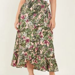 CURVE BY KASSUALLY Green & Beige Floral Print Skirt-25