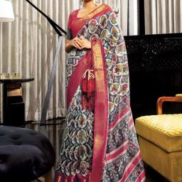 Satrani Blue & Rani Pink Cotton Silk Floral Print Saree With Unstitched Blouse-image-59