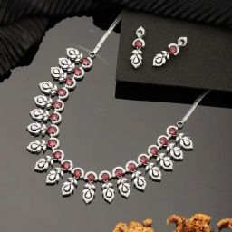 Saraf RS Jewellery Silver Plated Ruby Red AD Studded Elegant Floral Designer Delicate Jewellery Set-12