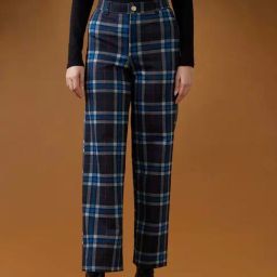 Globus Women Blue Checks Mid Rise Straight Fit Formal Trousers-picture-30