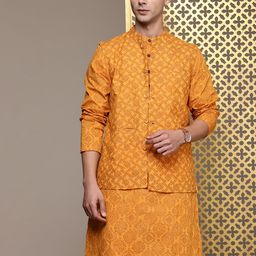 House of Pataudi Men Jashn Ethnic Motifs Printed Regular Pure Cotton Kurta With Trousers-picture-14