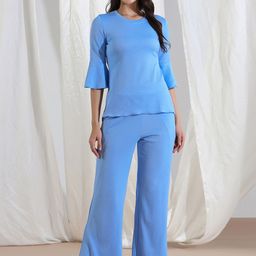 SZN Womens Blue Solid Co-ord Set With Flared Sleeves Top & Trouser-picture-4