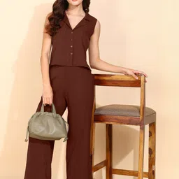 stem rope HERE&NOW Women Brown Cotton V-Neck Co-ords-picture-30