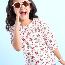 Babyhug Three Fourth Sleeves Top with Smocking and Frill Detailing & Floral Print - White-image-16