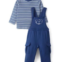 Babyoye Male  100%  Organic Cotton with Eco-Jiva Finish Bear Printed Dungaree with Full Sleeves Striped Inner Tee - Blue-image-3