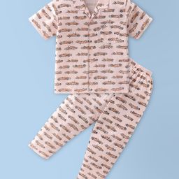 Teddy Sinker Half Sleeves Night Suit with Car Print - Peach-image-73