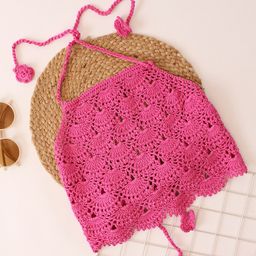 Woonie Cotton Halter Neck Crochet  Top - Pink-image-69