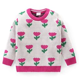 Babyhug Knit Full Sleeves Pullover Sweater with Floral Design - White & Pink-image-72