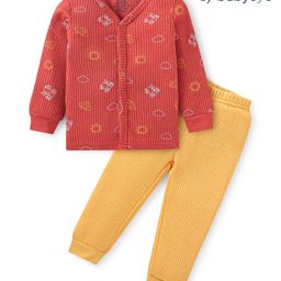 Babyoye Cotton Model Knit Full Sleeves Front Open Thermal Vest & Pant Set with Car Print - Red & Yellow-image-99