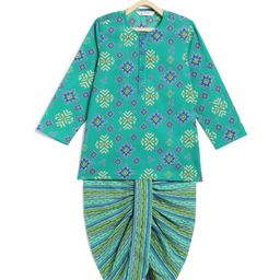 Campana 100% Cotton Full Sleeves Ikkat Printed Kurta With Dhoti Set - Green & Blue-image-28