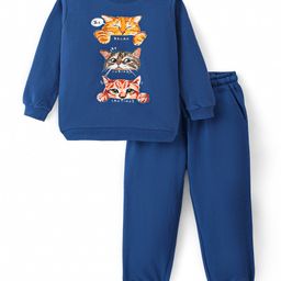 Pine Kids Heavy Gauge Premium FabricFull Sleeves Night Suit with Cat Print - Navy Blue-image-42