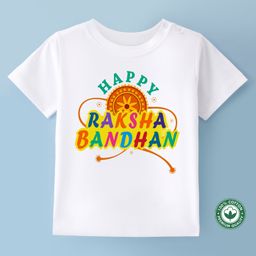 BLUSHES Rakhi Theme 100% Cotton Half Sleeves Happy Raksha Bandhan Text Printed Tee - White-image-62