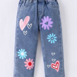 Kookie Kids Full Length Heart & FloralPrinted WashedDenim Jeans -Blue-image-91