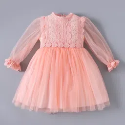 Kookie Kids Full Sleeves Lace Detailed Yoke Party Frock - Peach-picture-21