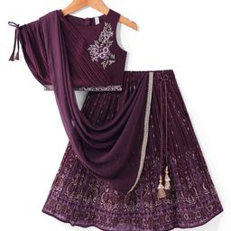 Babyhug Sleeveless Floral Embroidered Choli with Foil Printed Lehenga & Dupatta Set- Wine-image-53