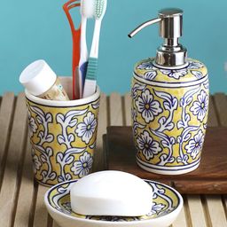 VarEesha Manohar Yellow White Ceramic Cylindrical Bathroom Set of Three - Soap Dispensar, Tumbler with Soap Dish-18