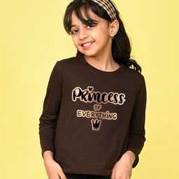 NUSYL Cotton Blend Full Sleeves Princess Of Everything Text Printed Tee - Brown-image-54