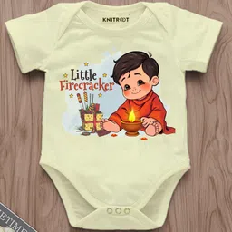 KNITROOT Diwali Theme Half Sleeves Little Firecracker Text Printed Onesie - Yellow-picture-26