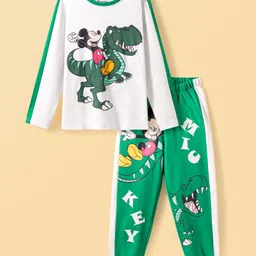 HoneyHap Disney Single Jersey Knit Full Sleeves Cut & Sew T-Shirt & Lounge Pants Set with Mickey Mouse Graphics - Green & White-picture-32