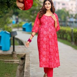 Aujjessa Cotton Three Fourth Sleeves Floral Printed Maternity Kurta With Concealed Zipper Nursing AccessCoral Red-image-82