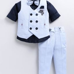 LITTLE COLLARS Full Sleeves Ribbed Coordinating Three Piece Party Suit Set With Bow & Brooch - Blue-image-87