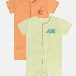MINI KLUB Cotton Pack Of 2 Half Sleeves Elephant & Sloth Printed Rompers - Orange & Beige-picture-0
